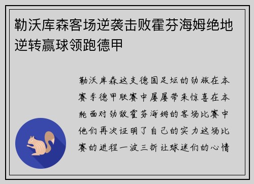 勒沃库森客场逆袭击败霍芬海姆绝地逆转赢球领跑德甲